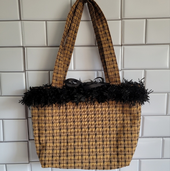 Medium Size Fabric Tote Bag with Black Fringed Trim  - Picture 1 of 8
